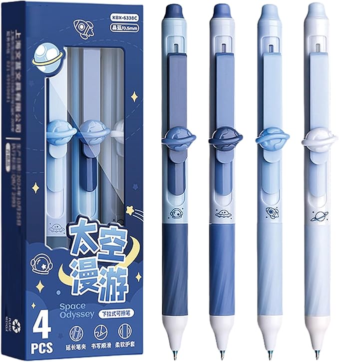 MOZXIRZ 4 Pcs Erasable Gel Pens Cute Retractable Pens Cartoon Space Erasable Pen 0.5mm Black Ink Kawaii Writing Pen for Women Office School Supplies (Space-Black Ink)