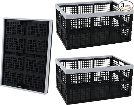 3 Packs Collapsible Milk Crates, Plastic Folding Storage Containers, Stackable Storage Baskets for Organizing, 23.5" x 16.88" x 11.81", 66 L, Black