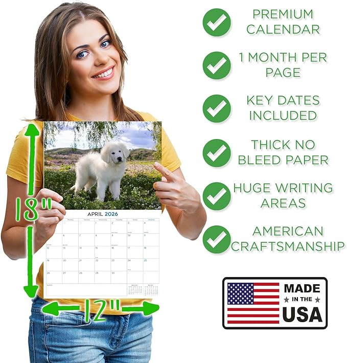 2025 2026 Great Pyrenese Calendar - Dog Breed Monthly Wall Calendar - 12" x 18" Open - Thick No-Bleed Paper - Giftable - Academic Teacher's Planner Calendar Organizing & Planning - Made in USA