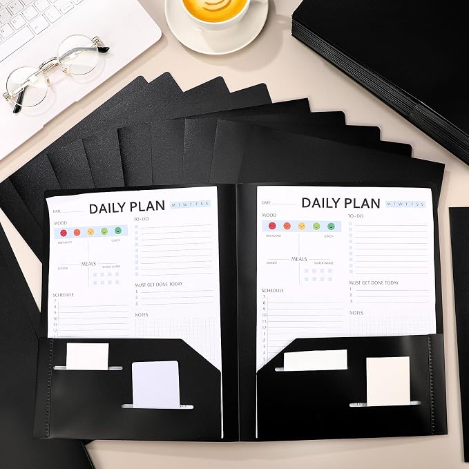 Fulmoon 48 Pack Plastic Folders with 2 Pockets Bulk 11 x 9 Inch Heavy Duty File Pocket Folders and 4 Card Slots Fit Letter Size Paper Cards for Back to School Office Home Supply(Black)