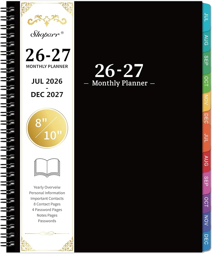 2026-2027 Monthly Planner - JUL. 2026 - DEC. 2027, Planner 2026-2027 with Colorful Tabs, 8" x 10", Monthly Planner/Calendar 26-27 with Contacts, Back Pocket, Thick Paper, Twin-Wire Binding - Waterproof Cover(Black)