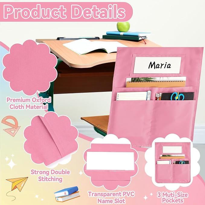 gisgfim 12 Pcs Chair Pockets for Classroom 16.7 x 19.3 Inch s with Name Tag Chairback 3 Pockets Chairs Seat Back Organizer for Elementary School Daycare Home Supply (Pastel Pink)
