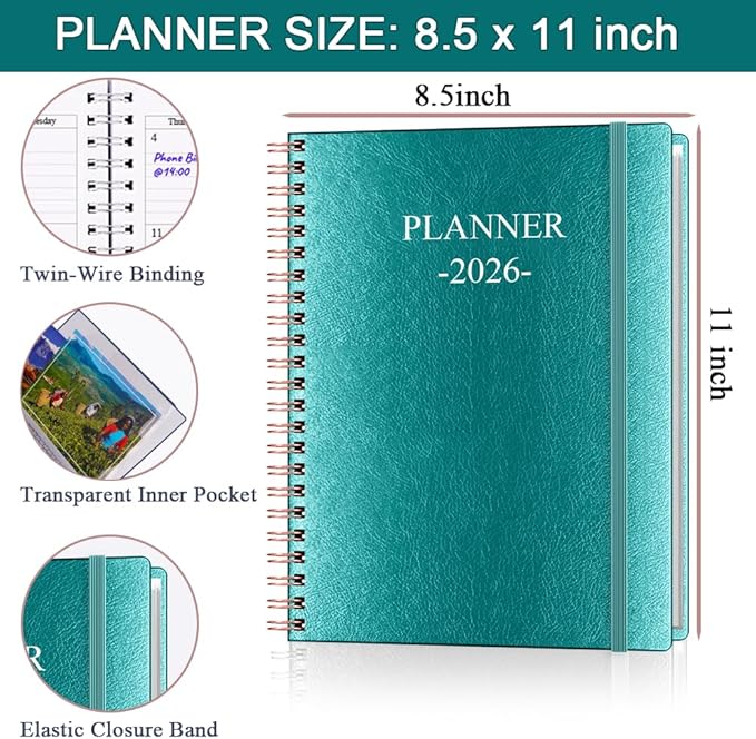Planner 2026 - Weekly & Monthly Planner Runs from January 2026 to December 2026, 8.5 x 11", 12 Month Tabs, Inner Pocket, PU Leather Cover with Twin-Wire Binding, Monthly Planners 2026, Teal