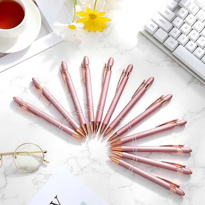 Zonon 12 Pcs Inspirational Pens Gift Set Funny Ballpoint Pen with Stylus Tip Motivational Graduation Gifts Bulk for Teacher Coworkers Nurse School Office Supplies(Rose Gold,Bible Style)
