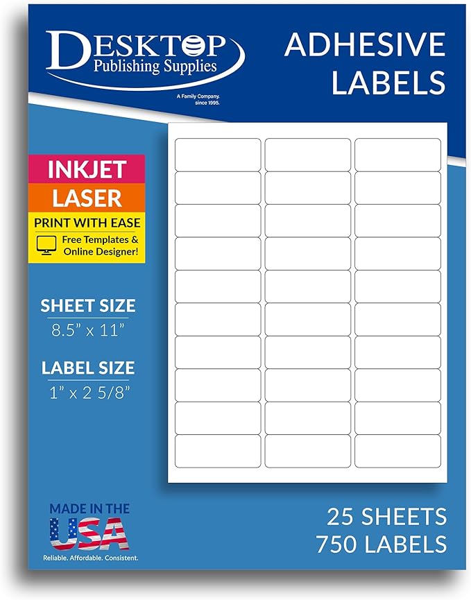 750 Printable Address Labels – 1" x 2-5/8" – 30 Stickers Per Sheet (25 Sheets) on Matte White Paper – Inkjet & Laser Compatible – Ideal for Mailing, Organizing & Amazon FBA – Made in USA
