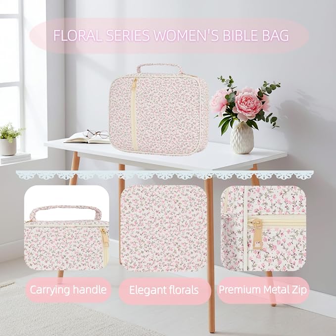 Bible Cover Case for Women Large Bible Cover Bag with Durable Handle Quilted Carrying Bible Study Supplies Accessories (Pink Floral)