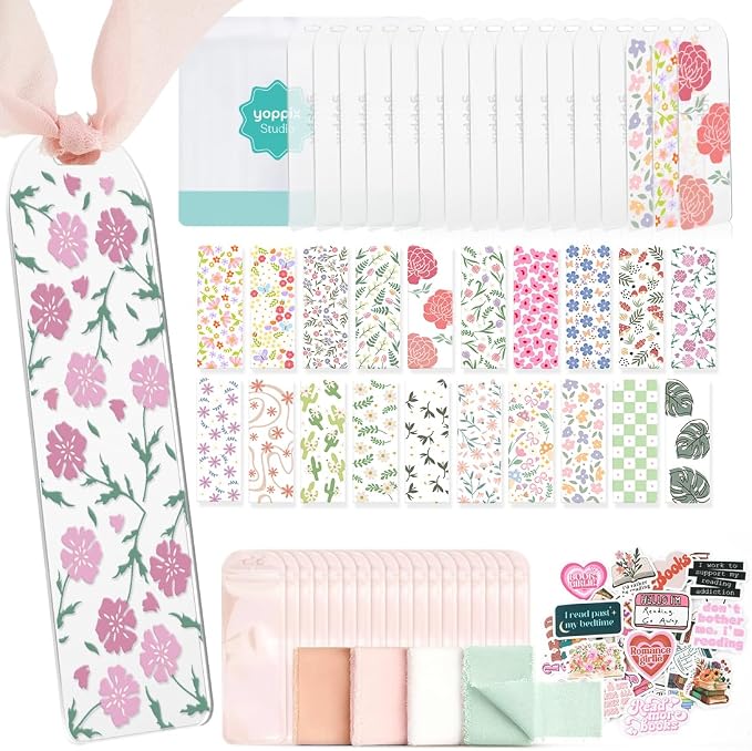 YOPPIX 6x2” Acrylic Bookmark Blanks- 20 Set Bookmark Making Kit with 20 UV DTF Stickers About Flower Theme 20 Ribbon 80 Bookish Stickers for DIY Your Crafts Gift for Book Lover