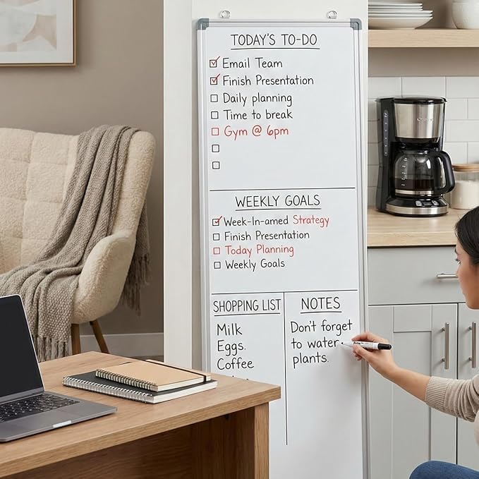36" x 12" Magnetic Dry Erase Board, Long Narrow Whiteboard for Wall, Vertical or Horizontal Hanging, Small Slim White Board for Kitchen, Office Cubicle & to-Do Lists, Silver Aluminum Frame