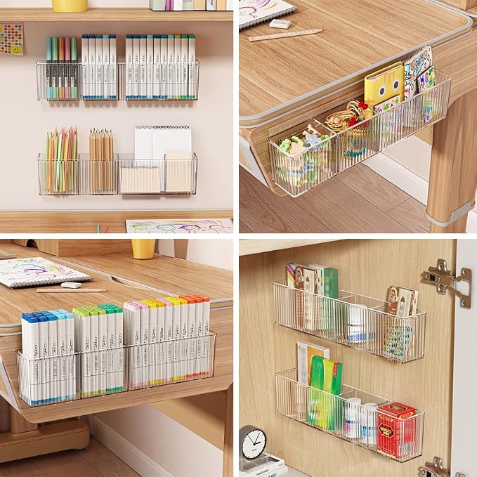 2 Pack Wall Mounted Marker Holder, 3 Compartments Clear Pen Holder Organizer, No Drill Wall Pencil Storage Rack Office Accessories Organizer (Clear)