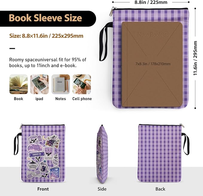 The Fourth Wing Purple Checkered Collage Style Book Covers for Book Lovers with Handle, Book Club Book Sleeve Pouch Gifts for Backtoschool, Reading Accessories for Women Friends Reader Bookish