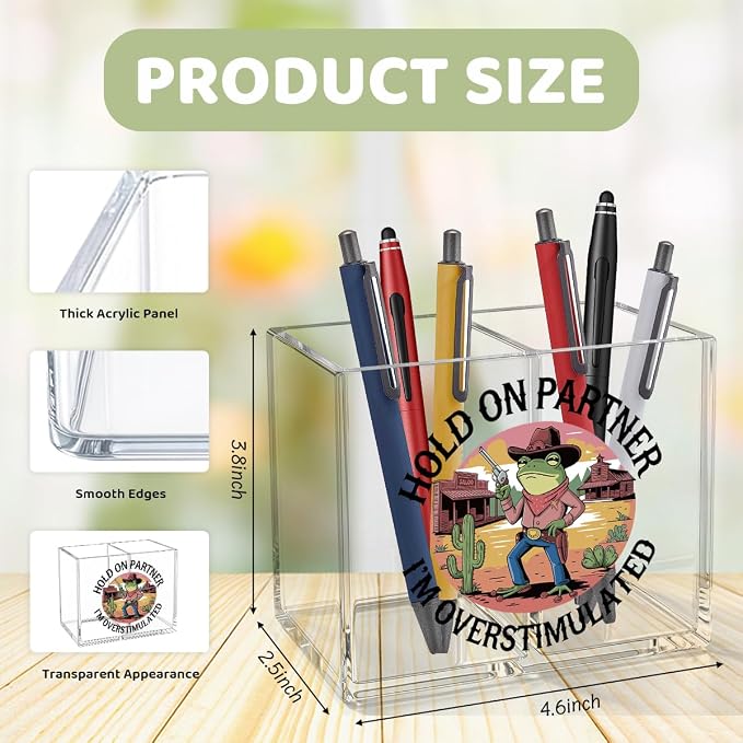 Funny Western Frog Cowboy Acrylic Cosmetic Pencil Pen Holder Hold On Partner I'm Overstimulated Pen Holder Cup Funny Gifts for Women Men Colleague Boss Decor for Home Office Desk Accessories