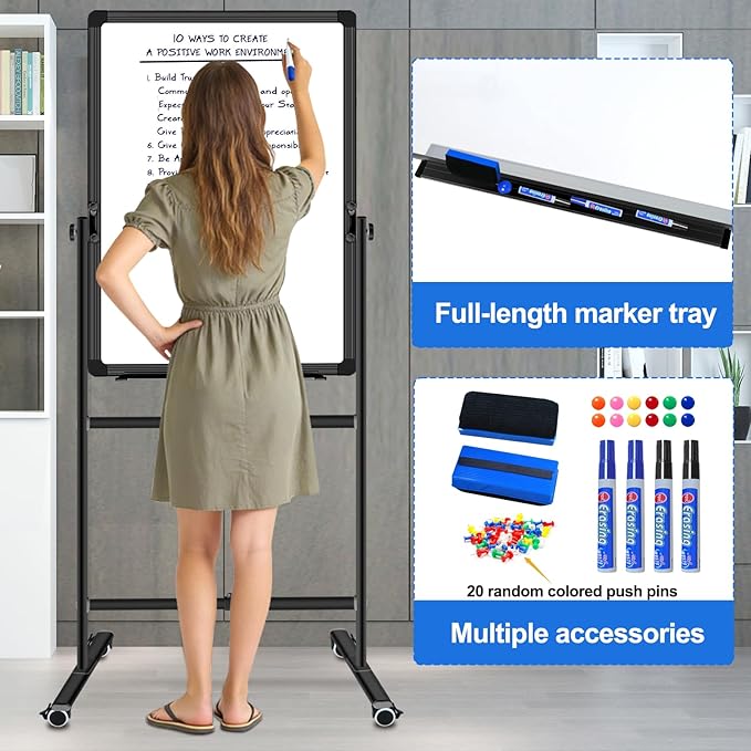 Max-officoo Double Sided Whiteboard & Cork Board on Wheels 30"x40" Adjustable Height & Angle Mobile Magnetic Dry Erase Board with Rolling Stand
