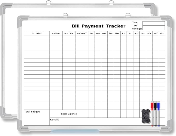 Feifeiya 24 x 18 Inch Monthly Bill Payment Tracker Organizer Whiteboard Aluminum Frame Wall Monthly Bill Payment Checklist Magnetic Dry Erase Board Planner for Personal Budgeting Financial (Stylish)