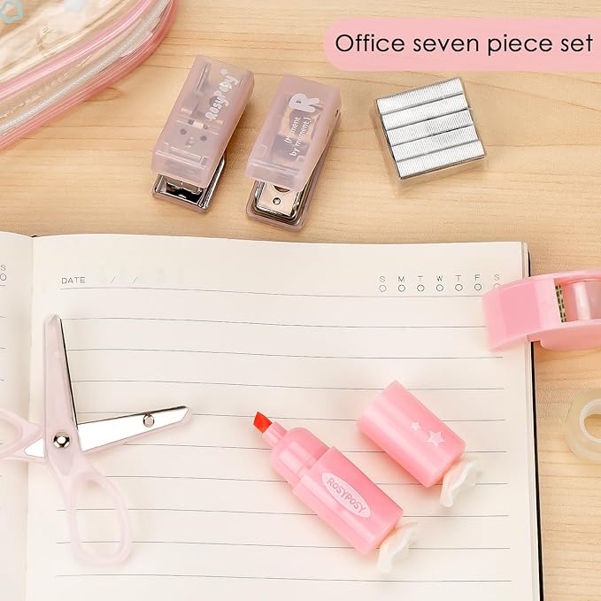 7-Piece Clear Desk Organizer Set - with Stapler, Hole Punch, Tape Dispenser, Scissors & Highlighters, Transparent Office Supplies Kit for Home Office, School & Workspace
