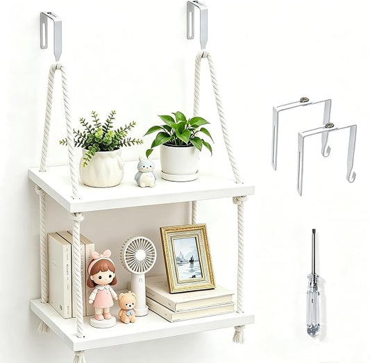 2 Tier Cubicle Shelf Hanging - 11.8 Inch Office Cubicle Wall Shelf with Rope Adjustable Hooks, Office Desk Accessories for Office Decor, Organizer, Storage in Workspaces