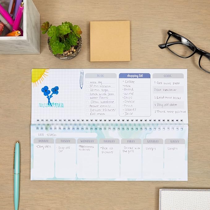 Paper Junkie Undated Weekly Planner - 11.7 x 4.1 In, Green, Spiral Bound, 52 Undated Sheets - Calendar & To Do List Notepad - Desk Planner for Teacher Supplies & Office Organization