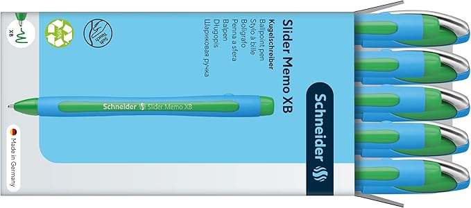 Schneider Slider Memo XB (Extra Broad) Ballpoint Pen, 1.4 mm, Light Blue Barrel, Green Ink, Box of 10 Pens (150204)
