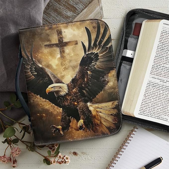 Bible Case with Handle and Zipper, Premium PU Leather Waterproof Bible Cover 11.2 x 8 x 2.2 Inches, Book Case for Standard Size Bibles with Pen Storage, Bible Accessories Gifts (Eagle)
