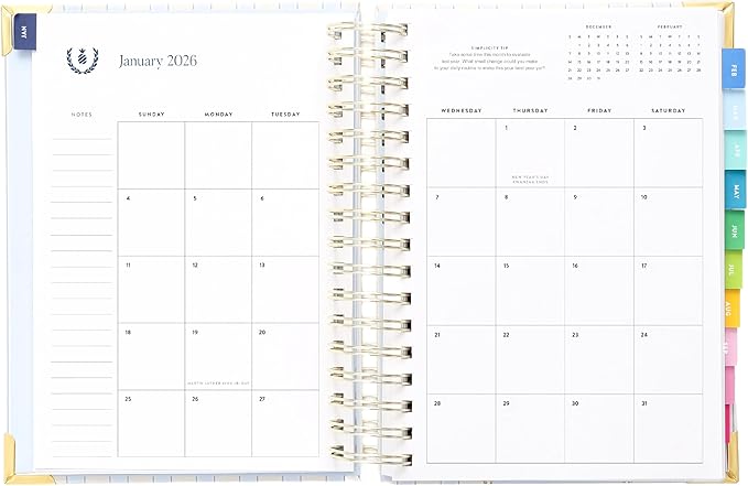 Simplified 2026 12-Month Spiral Daily Planner — Serene Stripe — January 2026 - December 2026, Calendar Year Organizer with Stickers, Pockets, and Keepsake Box