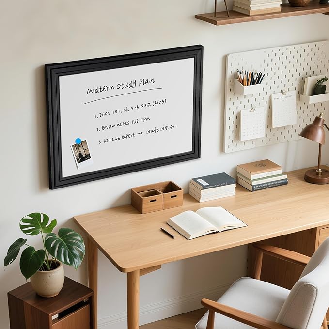 White Board for Wall, 24''x18'' Magnetic Dry Erase Board, Decorative Whiteboard with Black Wooden Frame, Hanging Writing Board for Home Office School Dorm