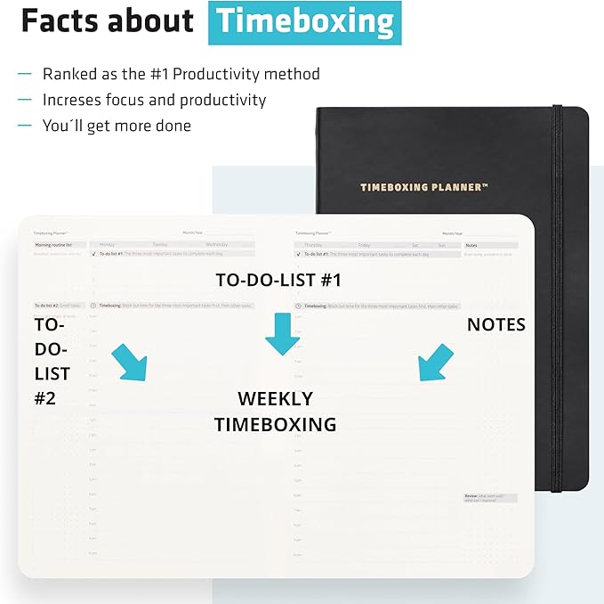 Timeboxing Planner - Structure to Turn To-Do into DONE | 52-Week Undated Organizer for Students & Busy People | 7×9 Flexible Cover - Black