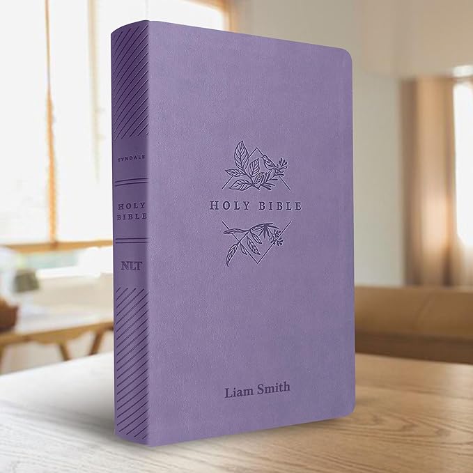 Personalized NLT Bible New Living Translation Thinline Faux Leather Holy Bible with Custom Name in Dark Purple | Large Print | Custom Gift for Religious Celebrations | Lavender/Purple
