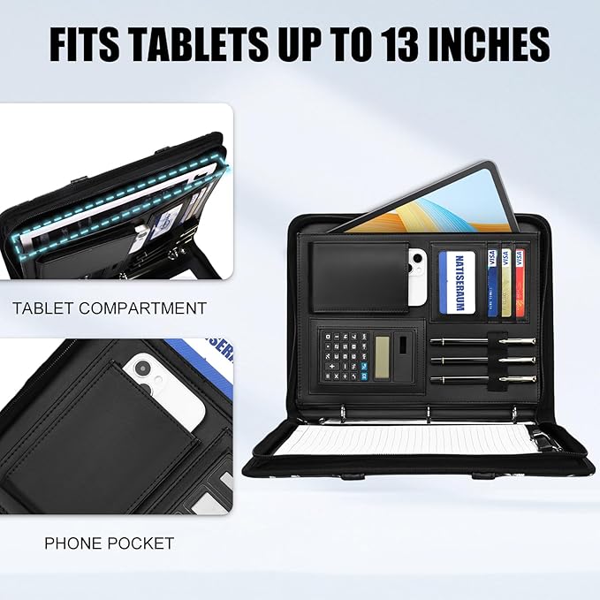 Portfolio Binder 3 Ring Includes Pen and 5 Dividers with 10 Pockets, Padfolio Organizer with Magnetic Handle for Men and Women, Includes A4 Notepad for Business, School, Work