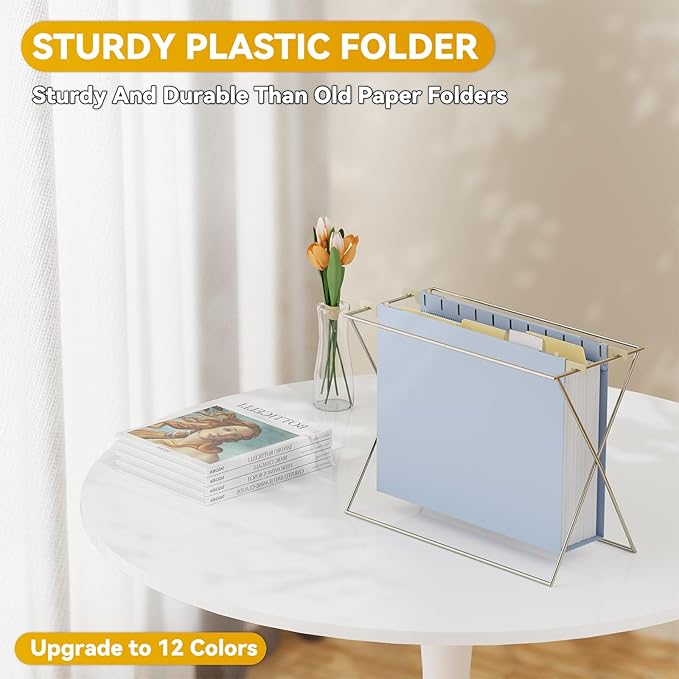 Plastic Extra Capacity Hanging File Folder Letter Size,Heavy Duty 2" Expandable File Folder with Tabs,Reinforced Job File Cabinet Folders,12 Pack Pastel Hang Folder for File Box Drawers Frame