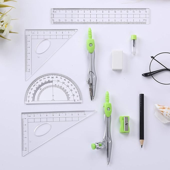 Vobou Math Geometry Kit Sets 10 Piece Student Supplies with Shatterproof Storage Box,Includes Rulers,Protractor,Compass,Eraser,Pencil Sharpener,Lead Refills,Pencil,for Drafting（Green）