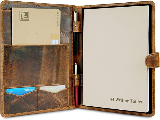 Leather Padfolio Legal Pad Portfolio Organizer | Handmade Executive Notebook Binder | Heavy Duty Full Grain Cow Hide Resume Interview Folio for Men Women, Rustic NoteBook Folder (brown)