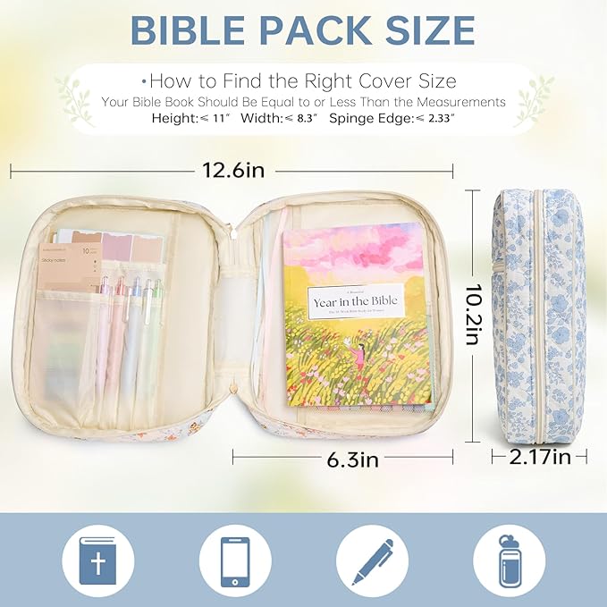 Bible Cover Case for Women Large Bible Cover with Durable Handle Quilted Bible Carrying Case for Girls Bible Study Supplies Accessories (Blue Flower, Blue Flower)
