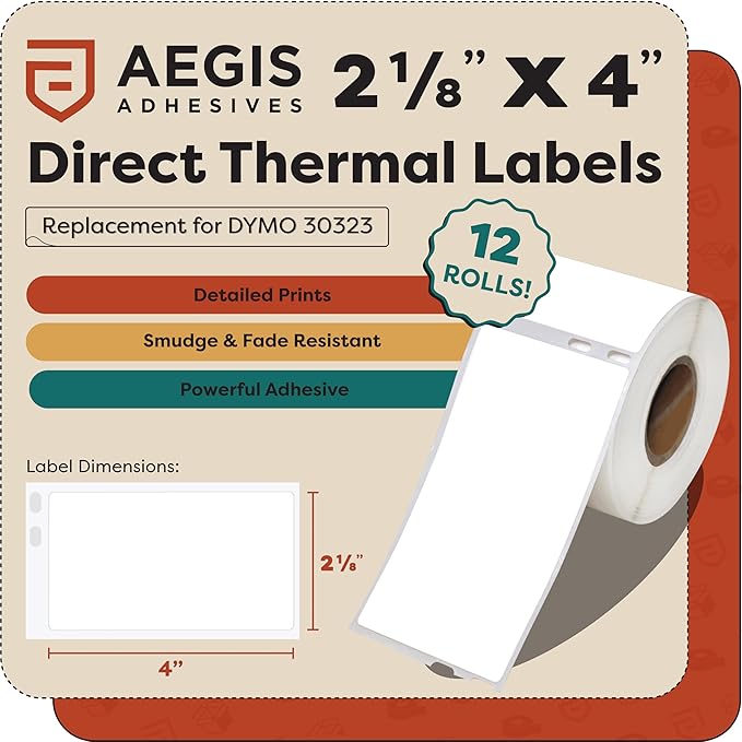 Aegis Adhesives - Replacement for DYMO 30323 (12 Rolls, 2640 Labels) 2 1/8" X 4" Direct Thermal Shipping Labels - Compatible with LabelWriter 450, 450 Turbo, 4XL Printers (NOT 550, 5XL)
