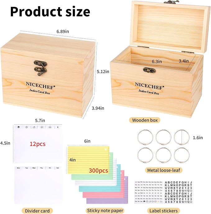 Index Card Holder 4x6, Wooden Recipe Box with 300 PCS Flash Cards Card Organizer,12 White Dividers, 6 Metal Rings, 2 Sticker, for Office, Business, Flashcard Notecard Holders for Home Office