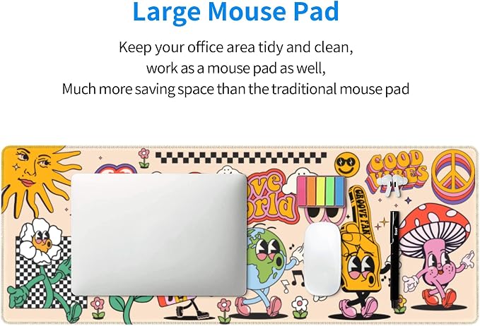 70s Vintage Earth Mushroom Mouse Pad – Large Desk Mat with Non-Slip Rubber Base, 31.5 X 11.8in Gaming Mousepad for Laptop Pc, Office Accessories and Desktop Decor