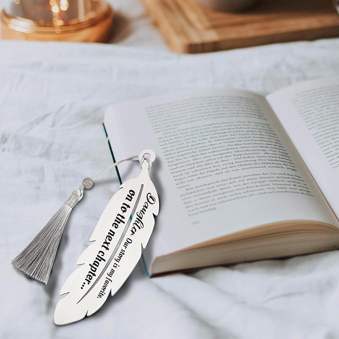 “Daughter Our Story is My Favorite On to The Next Chapter” Bookmark Gift for Daughter, Graduation Birthday Christmas New Journey Gift for Daughter, Feather Metal Bookmark with Tassel VBK224
