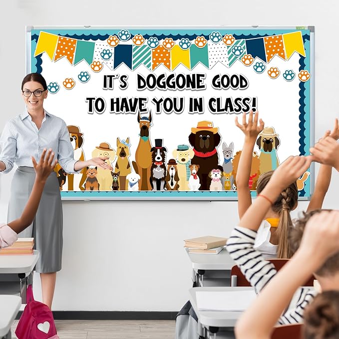 Justforjoyful 80Pcs Pet Dog Bulletin Board Classroom Decorations Set Puppy Cutouts Paw Bulletin Board Boarder Pet Dog theme Decoration Wall Decor Chalkboard Welcome Back to School Supplies