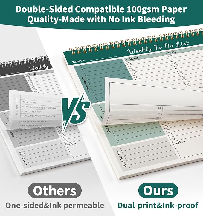 104 Pgs Weekly To Do List Notepad, 52 Duplex-Printed Undated Sheets 100 GSM（8.5"×11") Weekly Desk Planner For Work Home School Office Desk Accessories Supplies & Goal Setting Tasks - Green
