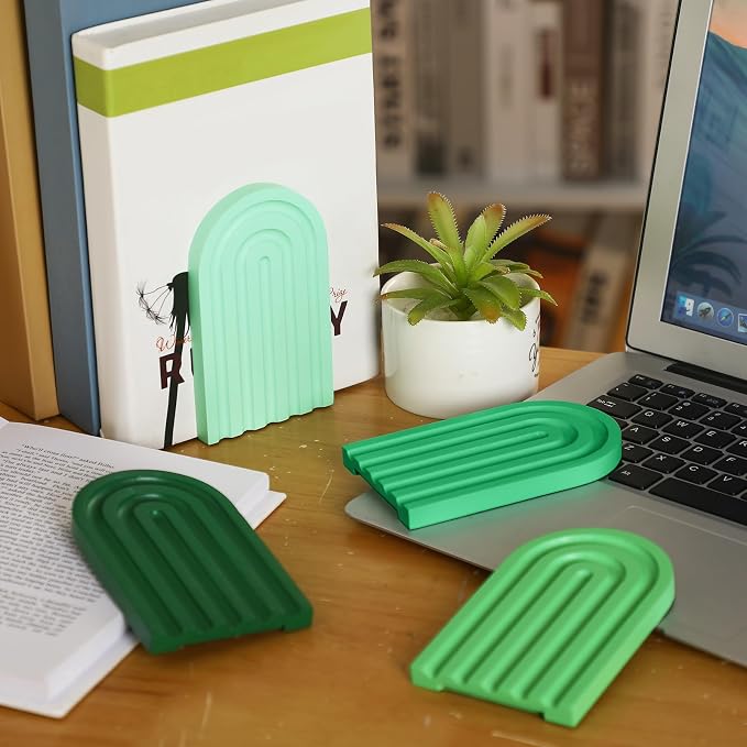 Harloon 4 Pcs Boho Arch Wooden Bookends, Decorative Rainbow Book Stoppers with Non-Slip Metal Base, 5x3x4 Inches, Cute Shelf Decor for Heavy Books, Home Office Study Desk Organizer(Green Color)