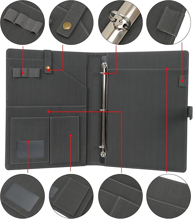 Wonderpool A4 PU Leather Portfolio Holder Ring File Document Case with Removable Binder Clipboard, Multi Pocket and Legal Pad for Business Organizer Interview and Meeting (Gray)