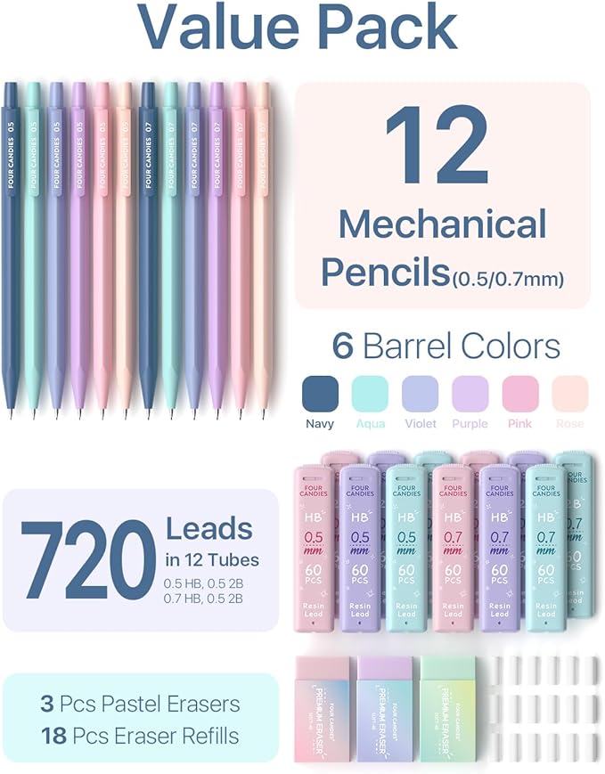 Four Candies 12PCS Cute Mechanical Pencil Set with 741 Leads & Erasers, 0.5 mm & 0.7mm, Pencils Mechanical with 720PCS (HB & 2B) Lead Refills & 21PCS Erasers & Storage Case for Writing & Drawing