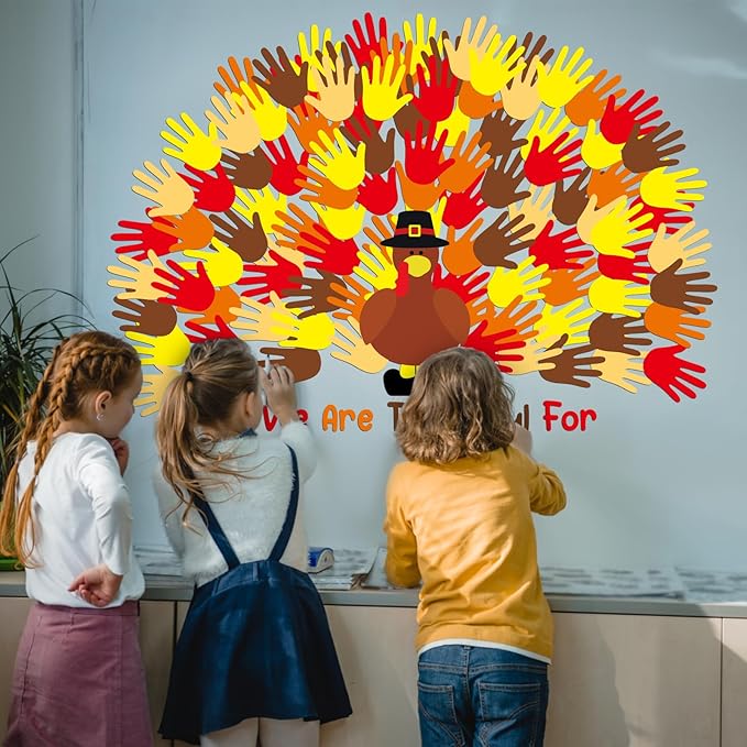 Zhanmai 118 Pcs Thanksgiving Turkey Bulletin Board Set Thankful Handprint Turkey Bulletin Board Decor Handprint Turkey Cutouts Turkey Craft for Classroom Fall Thanksgiving Wall Decor