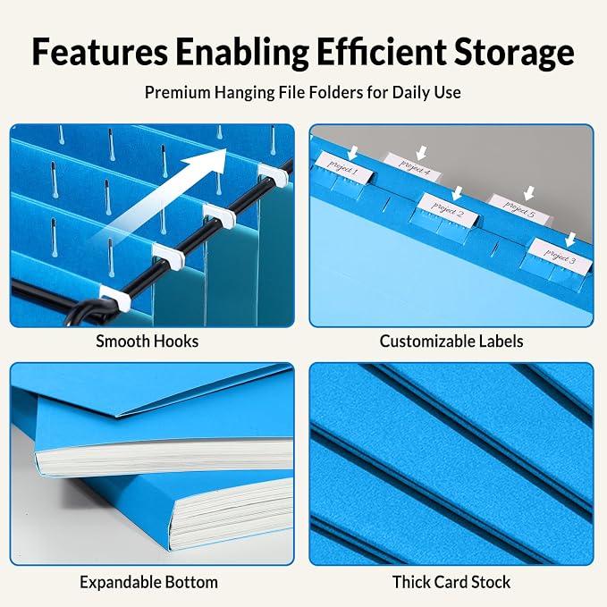SUNEE Hanging File Folders Legal Size, Blue File Folders 25 Pack 1/5-Cut Tabs, Stay Organized for Your Home and Office Bulk File and Documents