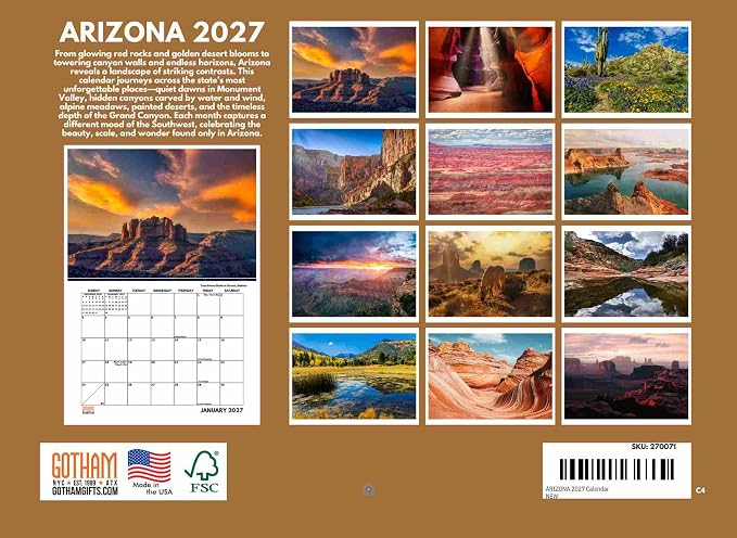 Arizona Calendar 2027 AZ Monthly Wall Calender 12 Month