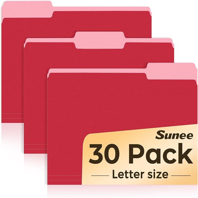SUNEE File Folders, 30 Pack Manilla Folders 8.5 x 11, Colored File Folder Home Office School Supplies for Documents Files Paper, Red