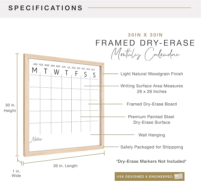 MCS Dry Erase Calander 30x30 Natural Framed Monthly Calendar for The Wall, Stay Organized with Family Planner for Appointments, Sports, Events & More