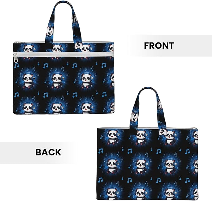 Portable Canvas Zipper File Bag with Handle, Waterproof Document Organizer Panda Animal Headphones Music for Business Travel Storage