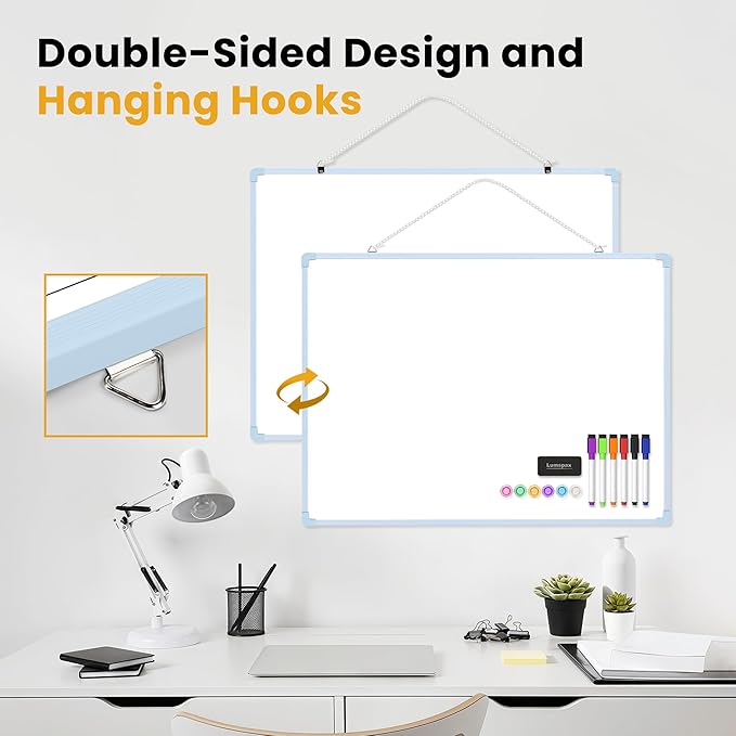 Dry Erase Board for Wall, 24" x 18" Double-Sided Hanging White Board with 6 Markers, 6 Magnets and 3 Mini Sticky Notes, Portable Whiteboard for Home, Office, School, Blue Frame