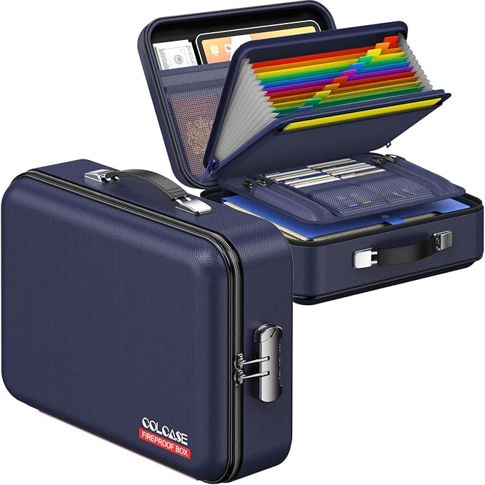 COLCASE Fireproof Document Box with Lock, Hard Fireproof Document Organizer | Hard-Shell Fireproof Waterproof Safe Box with Combination Lock Blue