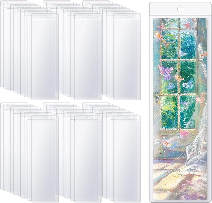 100 PCS Bookmark Sleeves Clear Bookmark Sleeves 7x2.3 inch Blank Bookmark Holder with Hole for Wedding Valentine’s Party Favor Decoration