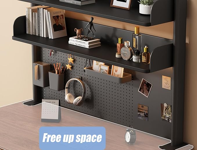 23.6 Inch Clip-on Desktop Organizer Bookshelf with Pegboard, Desk Shelf Organizer, Multipurpose Computer Desk Desktop Bookshelf, Desk Extender Pegboard Clamp, Desktop Display (Black)